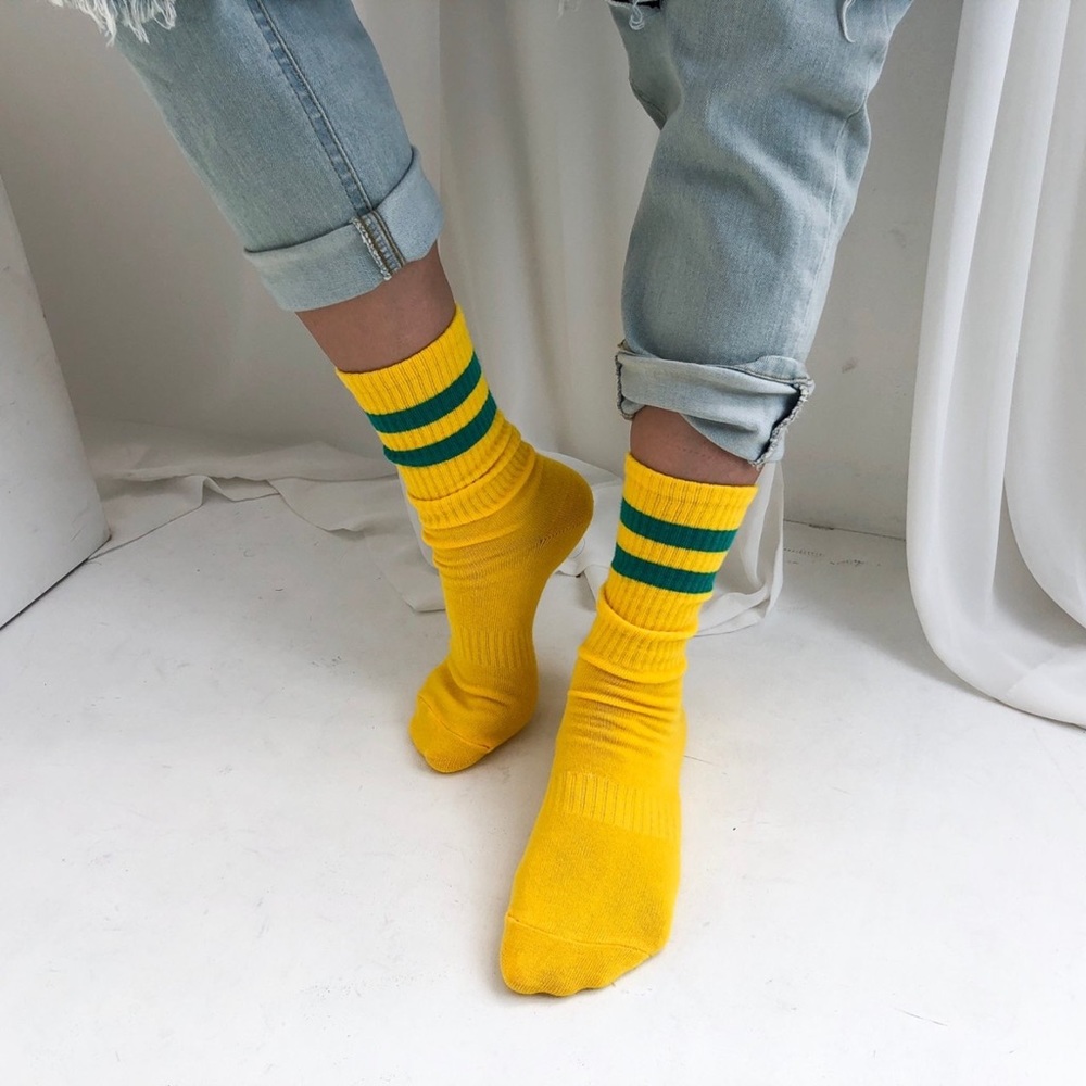 2-Stripe Crew Socks - Yellow with Green Stripes